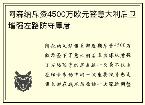 阿森纳斥资4500万欧元签意大利后卫增强左路防守厚度